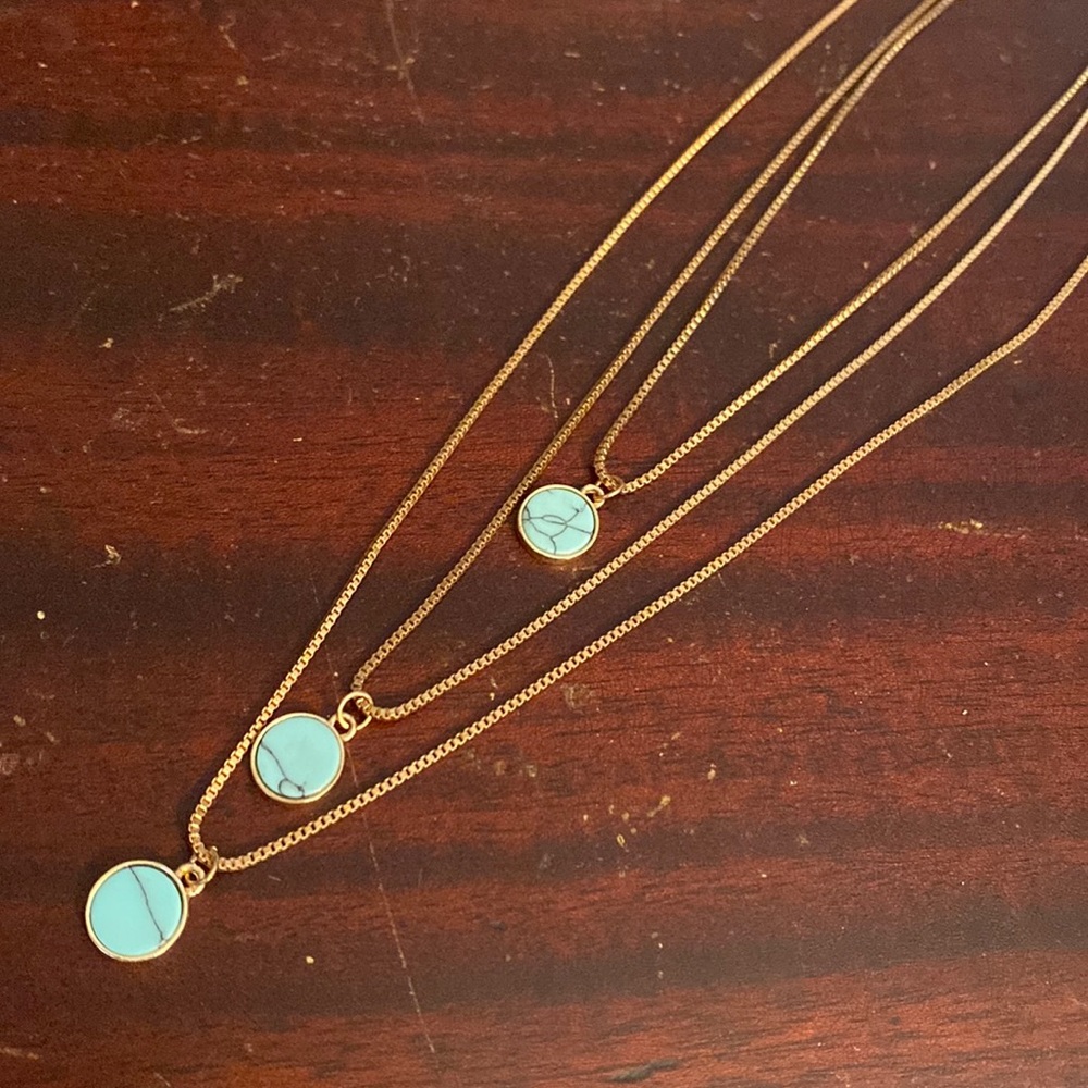 Three gold and turquoise layering necklaces          #55